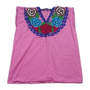 Vintage Handmade Huipil Pink Embroidered Sleeveless Square Poncho‎ Top